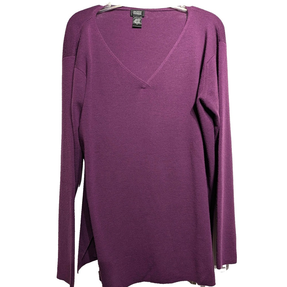 Eileen Fisher Sweater Womens Large Purple 100% Wool V Neck Tunic Side Slits EUC